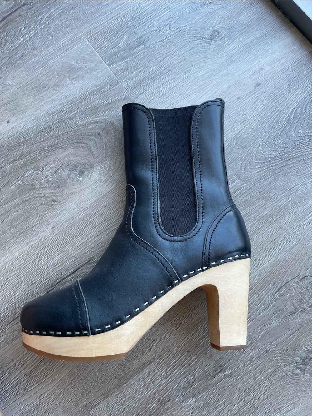 Swedish Hasbeens Black Leather Clog-Heel Mid-Calf Boots